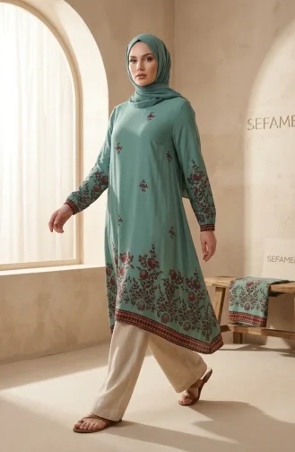Tunique En Viscose à Motif Floral 1004-07 Vert Clair 1004-07