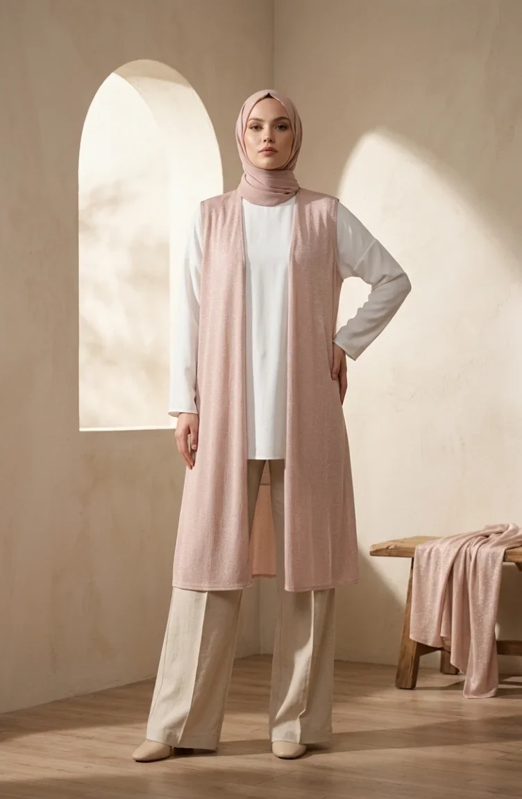 صدرية طويلة أساسية موسمية، صدرية حمل بمقاسات كبيرة 8747-03 بيج 8747-03