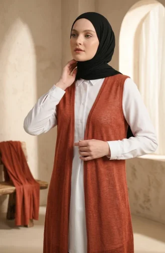 Büyük Beden Sade Uzun İnce Yelek 8765-02 Koyu Kiremit
