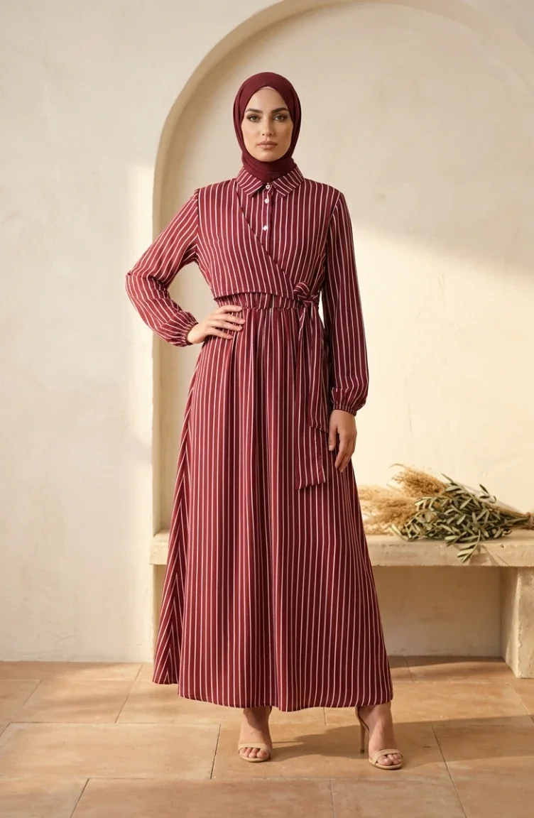 Robe Rayée Bordeaux à Demi-boutons Et Taille élastiquée 0320-10 0320-10