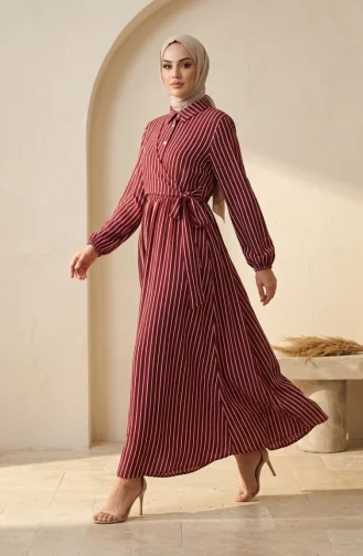 Robe Rayée Bordeaux à Demi-boutons Et Taille élastiquée 0320-10 0320-10
