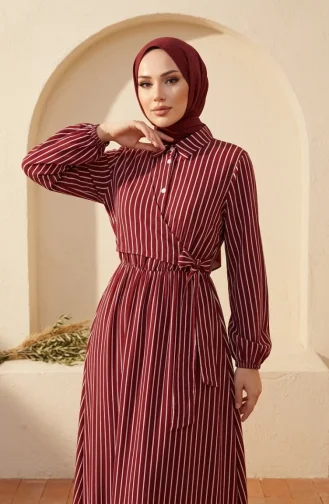 Robe Rayée Bordeaux à Demi-boutons Et Taille élastiquée 0320-10 0320-10