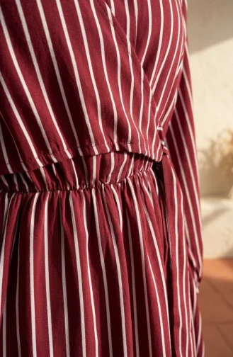Robe Rayée Bordeaux à Demi-boutons Et Taille élastiquée 0320-10 0320-10