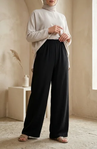Aerobin Stoffhose Mit Weitem Bein Und Elastischem Bund 2300-01 Schwarz 2300-01