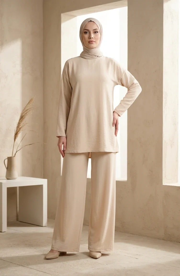Aerobin Stoffhose Mit Weitem Bein Und Elastischem Bund 2300-02 Beige 2300-02