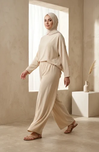 Aerobin Stoffhose Mit Weitem Bein Und Elastischem Bund 2300-02 Beige 2300-02