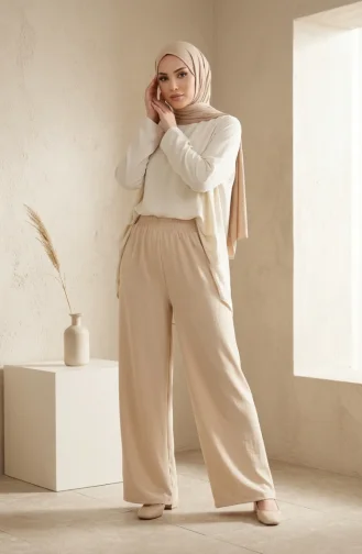 Aerobin Stoffhose Mit Weitem Bein Und Elastischem Bund 2300-02 Beige 2300-02