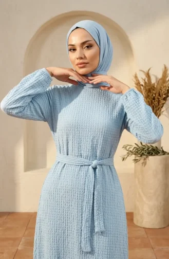 فستان محتشم من قماش الوافل بأكمام مطاطية 5588-04 أزرق 5588-04
