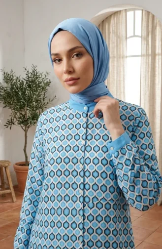 Geometrik Desenli Boydan Düğmeli Tunik 2299-02 Mavi