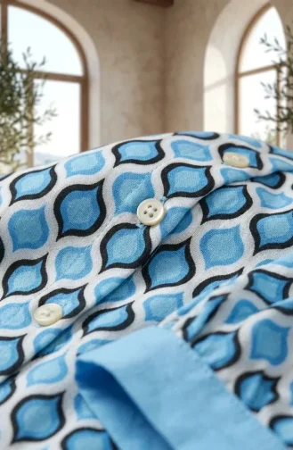 Geometrik Desenli Boydan Düğmeli Tunik 2299-02 Mavi