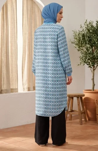 Geometrik Desenli Boydan Düğmeli Tunik 2299-02 Mavi