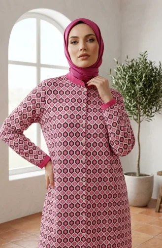 Geometrik Desenli Boydan Düğmeli Tunik 2299-03 Pembe