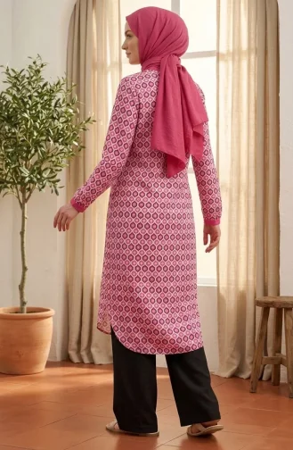 Geometrik Desenli Boydan Düğmeli Tunik 2299-03 Pembe