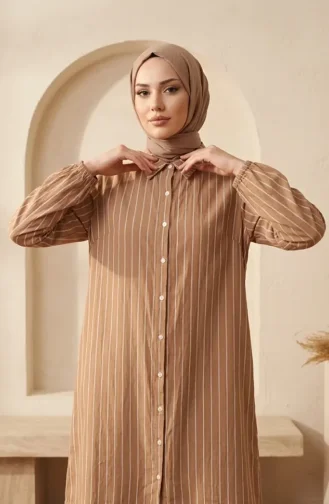 تونيك مخطط بأزرار من قماش الموسلين 0342-10 لون قهوة بالحليب 0342-10