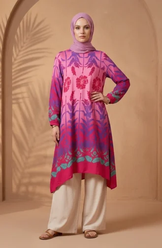 Viscose Fabric Patterned Tunic 1008-03 Fuchsia Rose Pink 1008-03