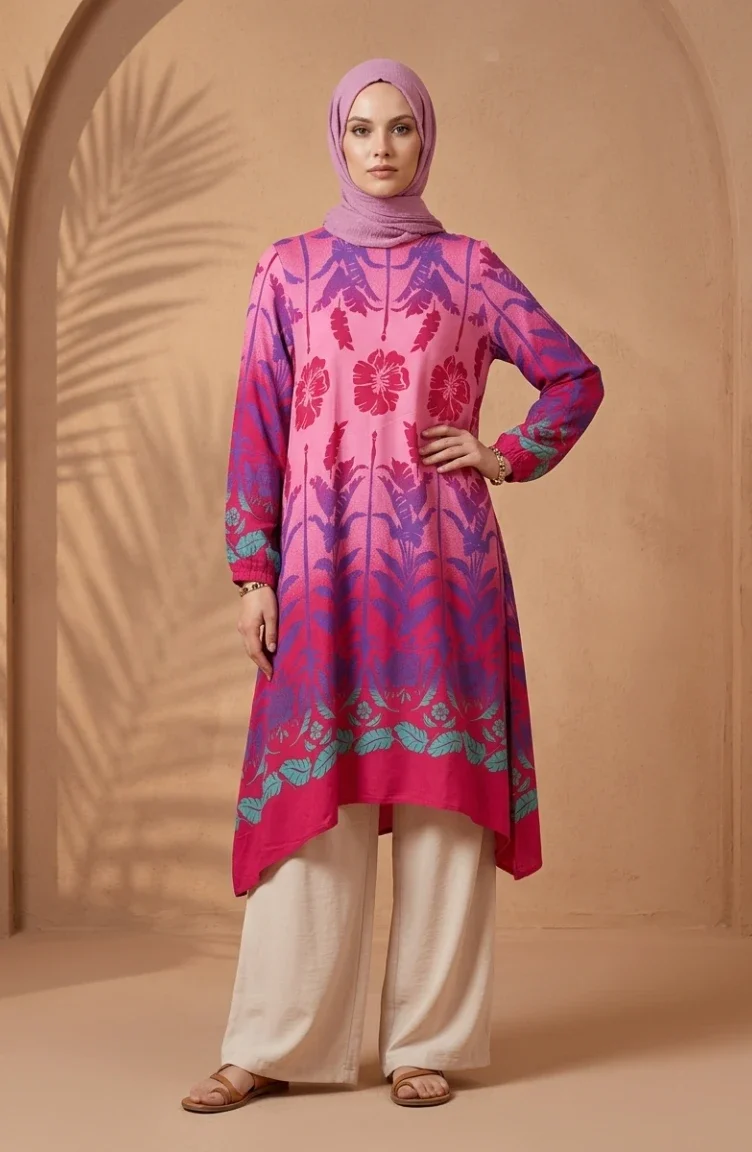 Viscose Fabric Patterned Tunic 1008-03 Fuchsia Rose Pink 1008-03