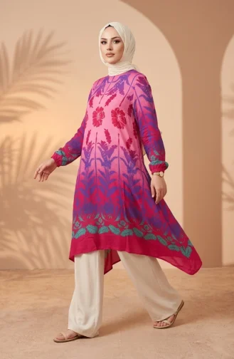 Viscose Fabric Patterned Tunic 1008-03 Fuchsia Rose Pink 1008-03