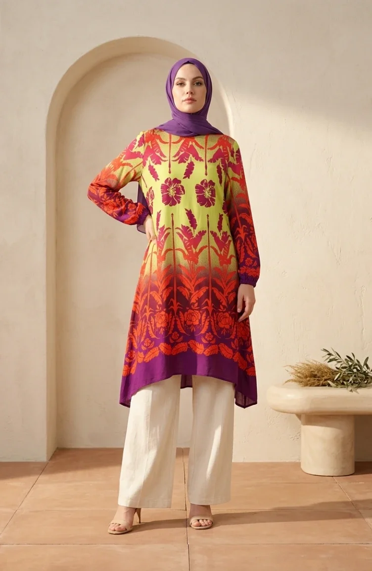 Tuniek Met Patroon Van Viscosestof 1008-04 Zalmpaars 1008-04