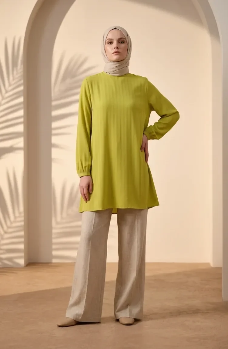 Tunique Hijab élégante En Crêpe Drapée Vert Pistache Réf. 1121-04 1121-04