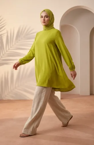 Tunique Hijab élégante En Crêpe Drapée Vert Pistache Réf. 1121-04 1121-04