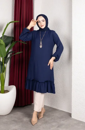 تونيك من قماش الكريب مع تنورة مكشكشة 0903-04 أزرق داكن 0903-04
