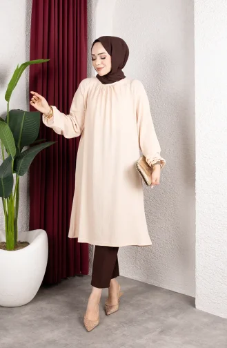 Crepe Fabric Raglan Sleeve Long Tunic 0902-06 Beige 0902-06