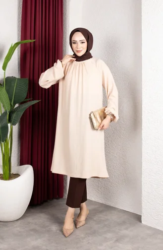 Crepe Fabric Raglan Sleeve Long Tunic 0902-06 Beige 0902-06