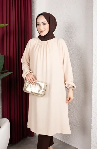 تونيك طويل بأكمام راجلان من قماش الكريب 0902-01 لون بيج فاتح 0902-01