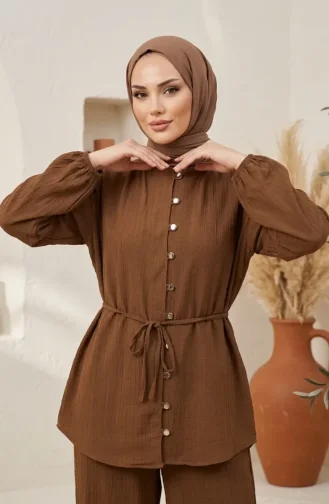 Ensemble Hijab Deux Pièces à Boutons Couleur Beige Référence 2301-03 2301-03