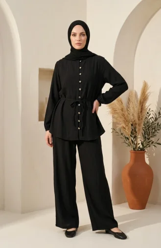 Button Detail Hijab Two-Piece Set 2301-06 Black 2301-06
