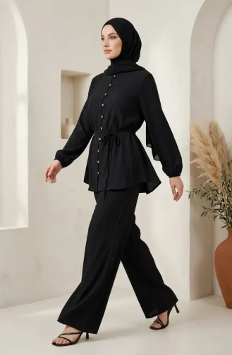 Button Detail Hijab Two-Piece Set 2301-06 Black 2301-06