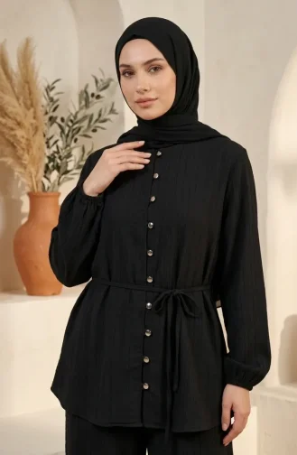 Button Detail Hijab Two-Piece Set 2301-06 Black 2301-06