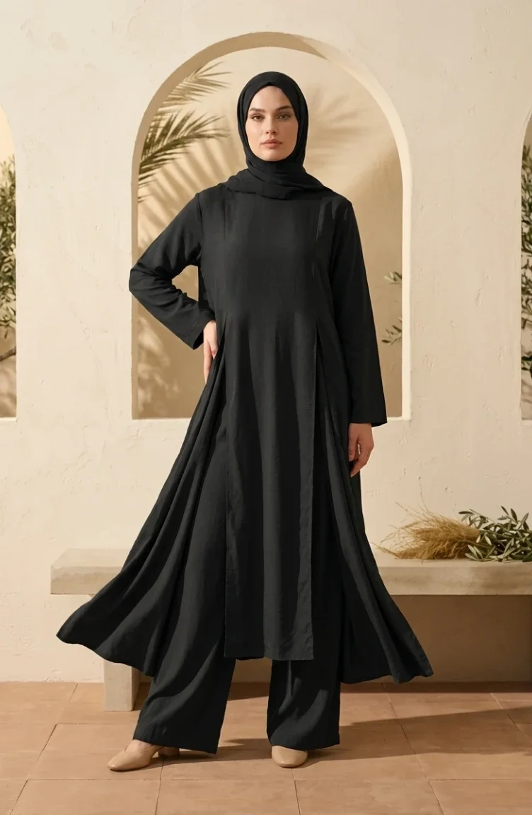 Modern Hijab Outfit Cotton Two-Piece Set 2298-03 Black 2298-03