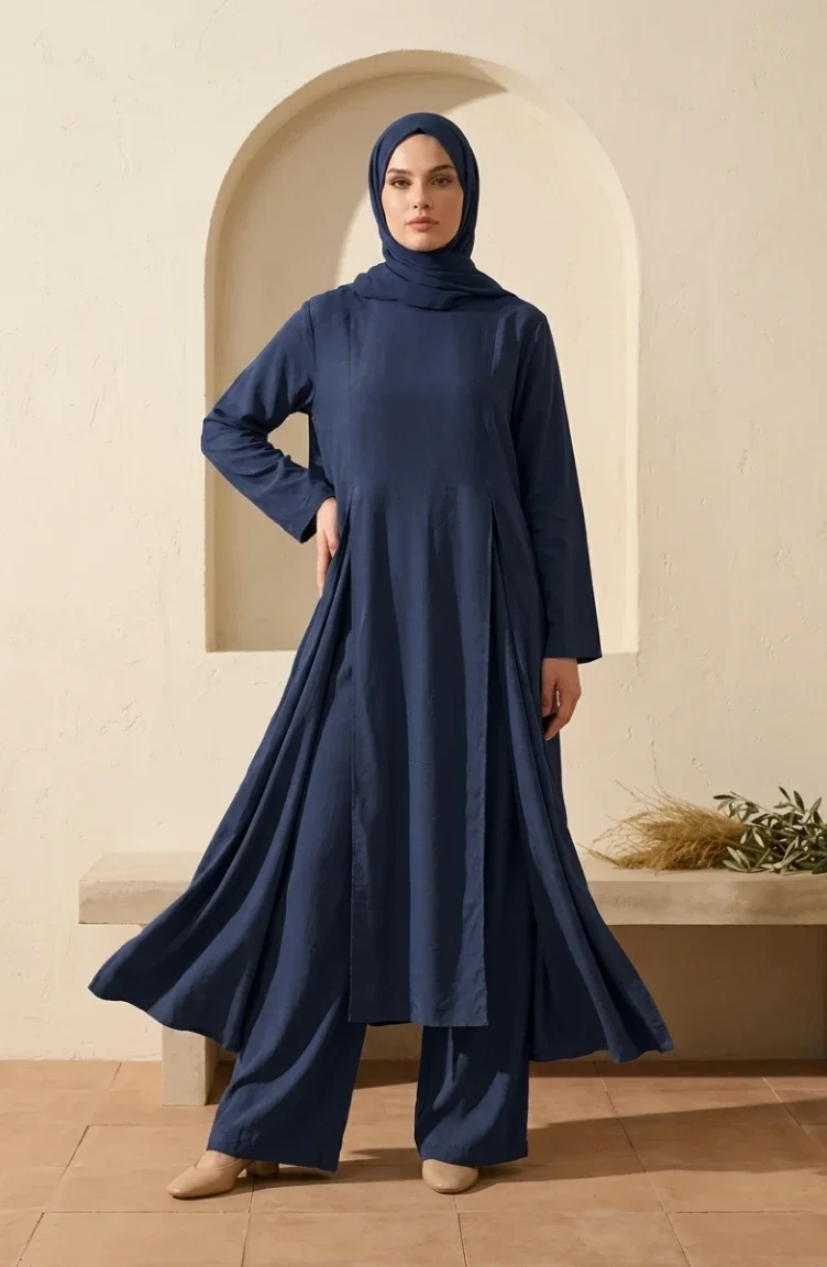 Modern Hijab Outfit Cotton Two-Piece Set 2298-04 Navy Blue 2298-04