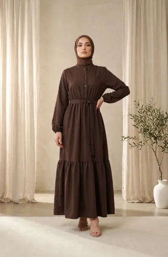 Robe Hijab Boutonnée En Crêpe De Viscose Marron à Taille élastique 0353-01 0353-01