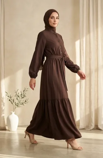 Robe Hijab Boutonnée En Crêpe De Viscose Marron à Taille élastique 0353-01 0353-01