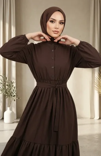 Robe Hijab Boutonnée En Crêpe De Viscose Marron à Taille élastique 0353-01 0353-01