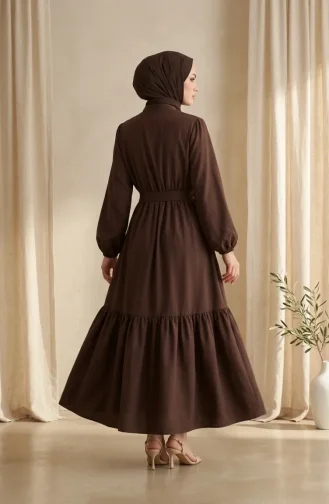 Robe Hijab Boutonnée En Crêpe De Viscose Marron à Taille élastique 0353-01 0353-01