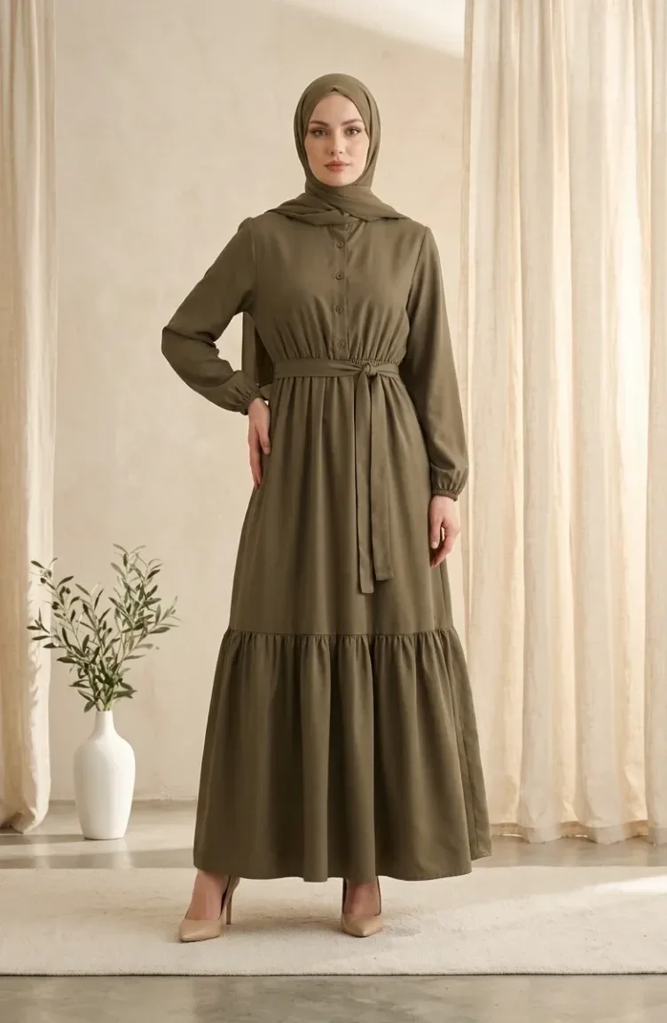 Robe Hijab En Crêpe De Viscose Kaki Boutonnée Et à Taille élastique 0353-02 0353-02