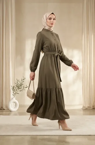 Robe Hijab En Crêpe De Viscose Kaki Boutonnée Et à Taille élastique 0353-02 0353-02