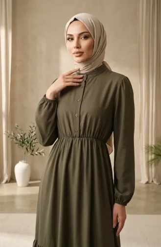 Robe Hijab En Crêpe De Viscose Kaki Boutonnée Et à Taille élastique 0353-02 0353-02