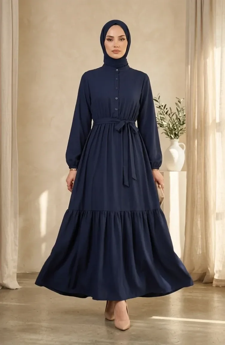 Robe Hijab Boutonnée En Crêpe De Viscose à Taille élastique 0353-03 Bleu Marine 0353-03