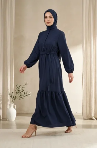 Robe Hijab Boutonnée En Crêpe De Viscose à Taille élastique 0353-03 Bleu Marine 0353-03