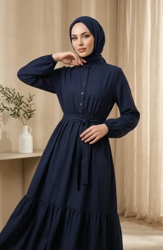 Robe Hijab Boutonnée En Crêpe De Viscose à Taille élastique 0353-03 Bleu Marine 0353-03
