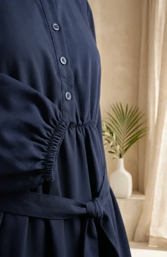 Robe Hijab Boutonnée En Crêpe De Viscose à Taille élastique 0353-03 Bleu Marine 0353-03