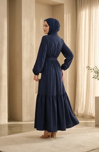 Robe Hijab Boutonnée En Crêpe De Viscose à Taille élastique 0353-03 Bleu Marine 0353-03