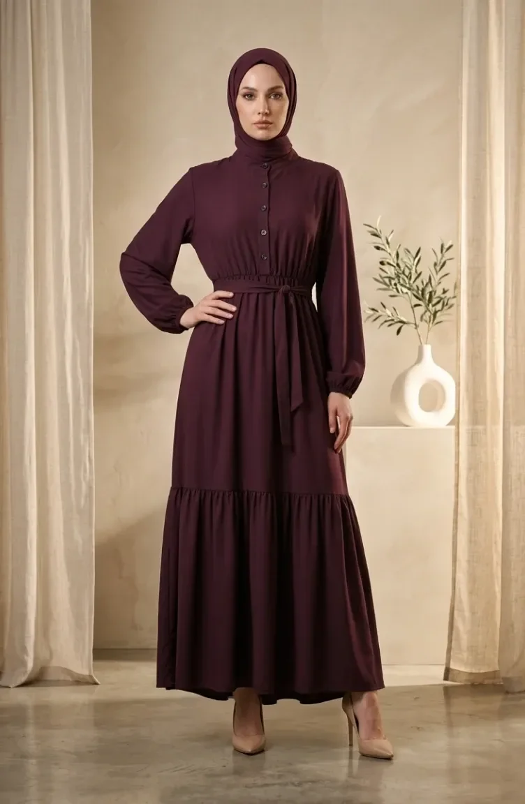Robe Hijab Boutonnée En Crêpe De Viscose Taille élastiquée Couleur Prune 0353-04 0353-04