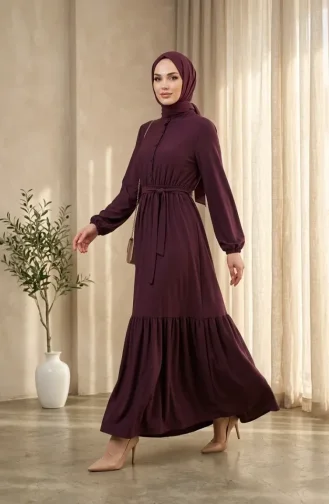Robe Hijab Boutonnée En Crêpe De Viscose Taille élastiquée Couleur Prune 0353-04 0353-04
