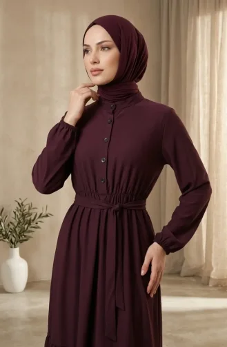 Robe Hijab Boutonnée En Crêpe De Viscose Taille élastiquée Couleur Prune 0353-04 0353-04