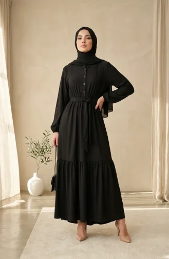 Robe Hijab En Crêpe De Viscose Boutonnée Et à Taille élastique Noire 0353-05 0353-05